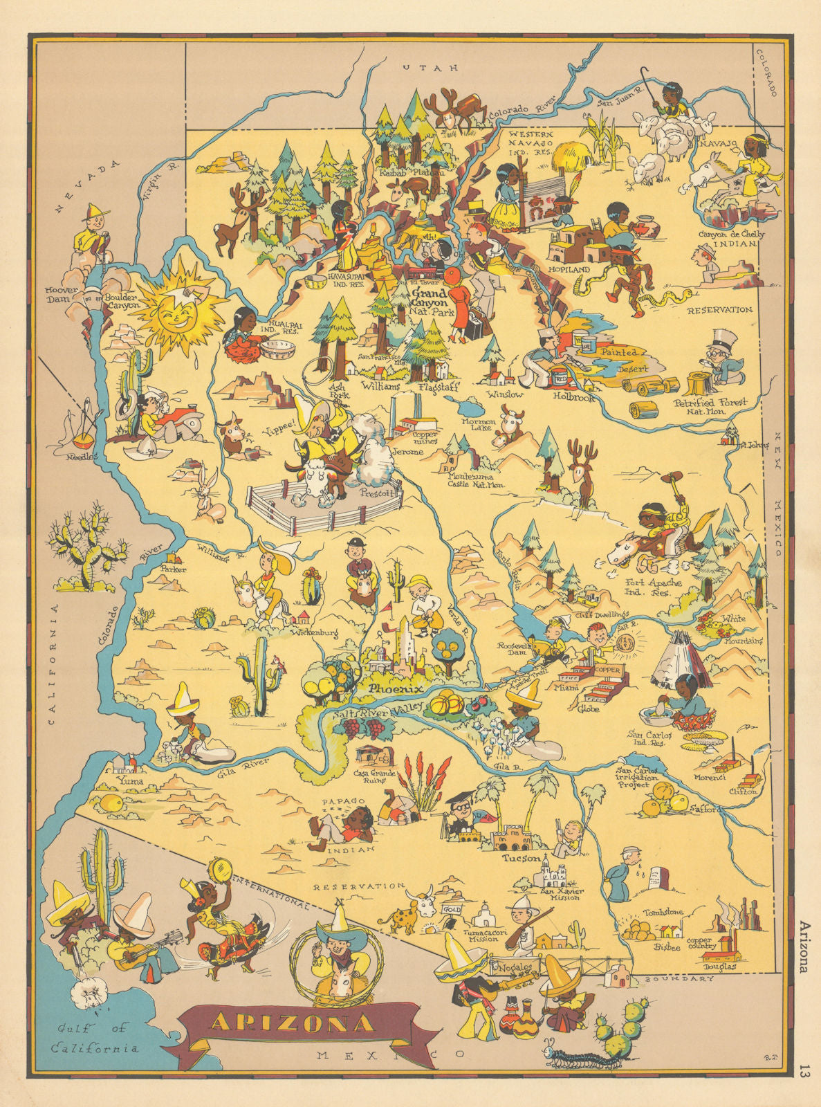 Arizona. Pictorial state map by Ruth Taylor White 1935 old vintage chart